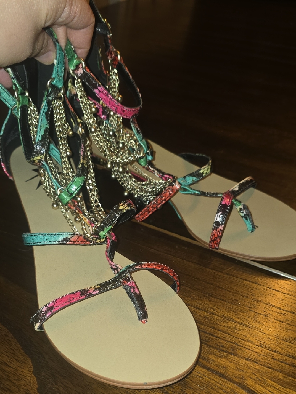 LFL by Lust for Life Multicolor Strappy Gladiator Sandals with Gold Chains